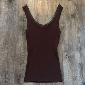 Cache Chocolate Leather-ish Trimmed Ribbed Tank Top